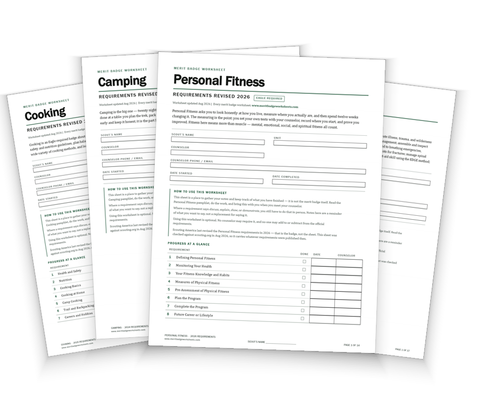 Sample printed merit badge worksheets showing Cooking, Camping, Personal Fitness, and First Aid